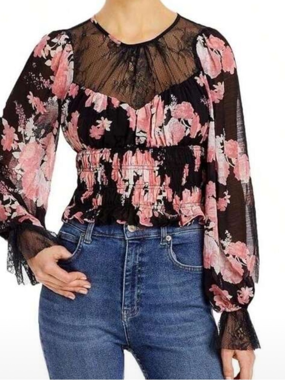 Free People Black Floral Smocked Sheer Puff Sleeve Blouse